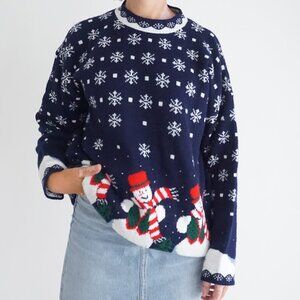 Vintage Nutcracker Navy Snowman Christmas Knit Sweater Fair Isle Holiday M